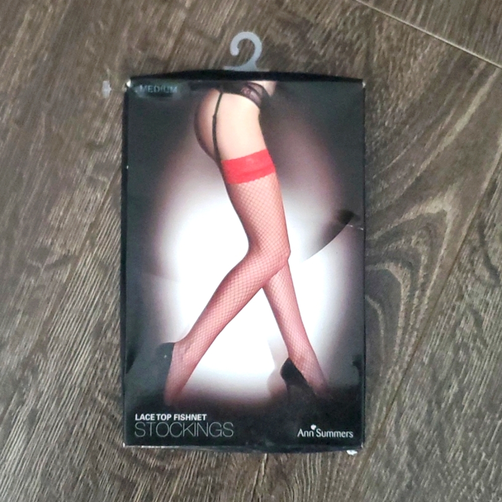 ❤️ Ann Summers Lace Top Fishnet Stockings - Medium RED - Brand New ♥️ Hosiery